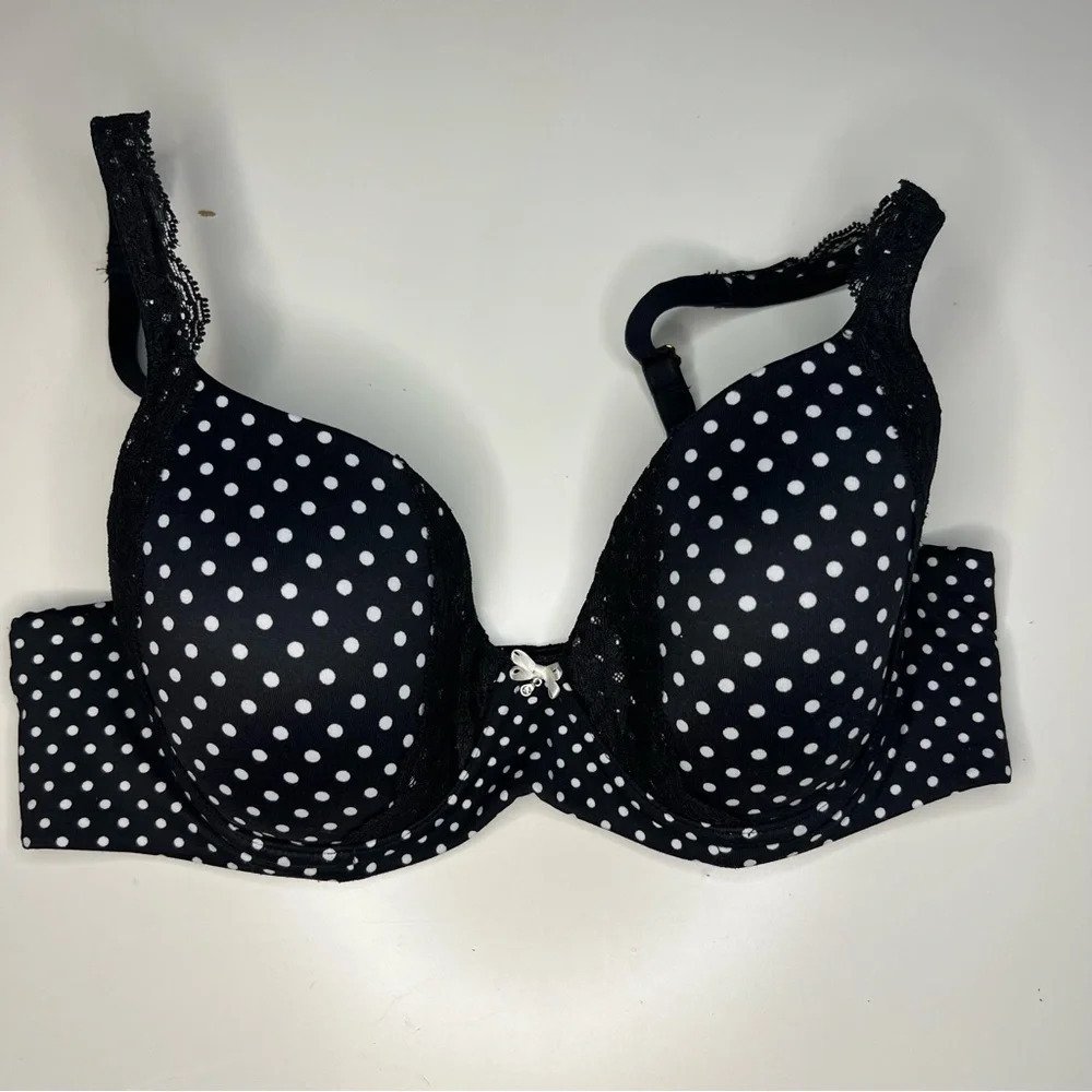Soma Embraceable Full Coverage Lace Trim Black White Polka Dot Size 34C GUC